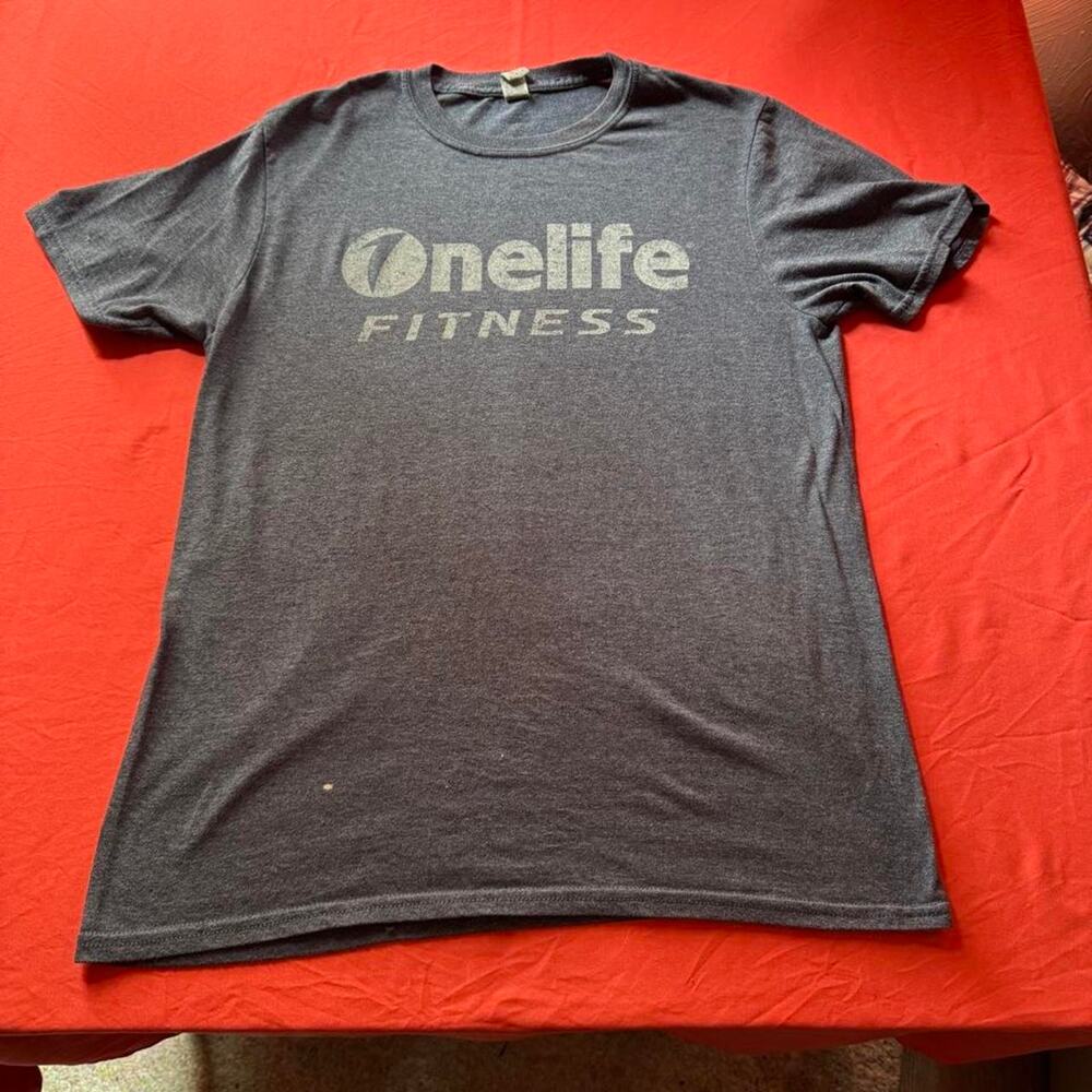 Gray Gildan OneLife Fitness t-shirt w white logo w American flag graphic on back